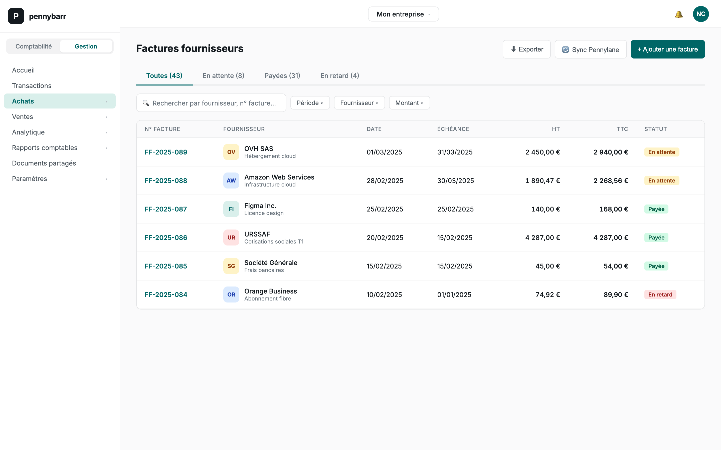 Factures fournisseurs Pennybarr